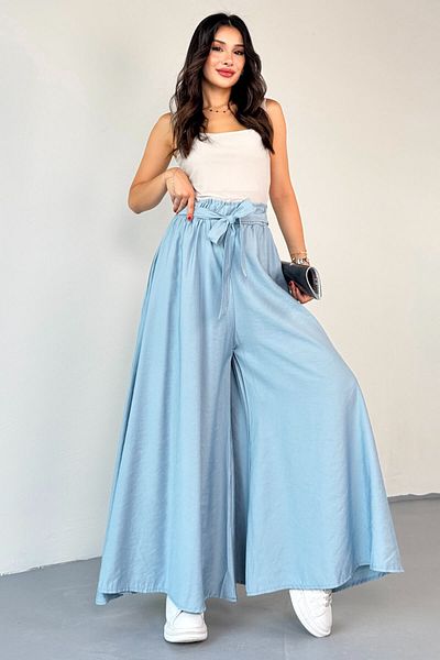 Cappmoda Pnt-07410 Turquoise Woven Belted Shalwar Skirt Trousers