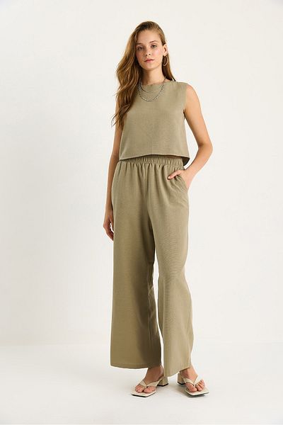 Bianco Lucci Women's Thick Strap Blouse Elastic Waist Pocket Detailed Loose Trousers Linen Suit 9384 60281086