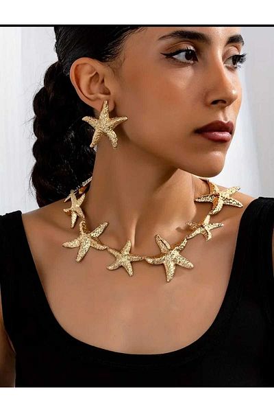 beynaaksesuar Starfish Gold Plated Necklace and Earring Set Gift for Lover Gift for Mom