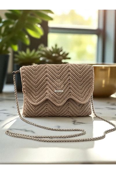 RELYA Women's Macrame Chickpea Color Strap Knitted Snap Shoulder Bag Width 22 cm Length 18 cm Depth 1.5 cm