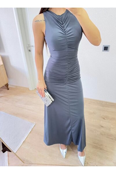 LUMİART Bürümcük Fabric Lined Inside Drawstring Sleeveless Gathered Long Dress - Smoked