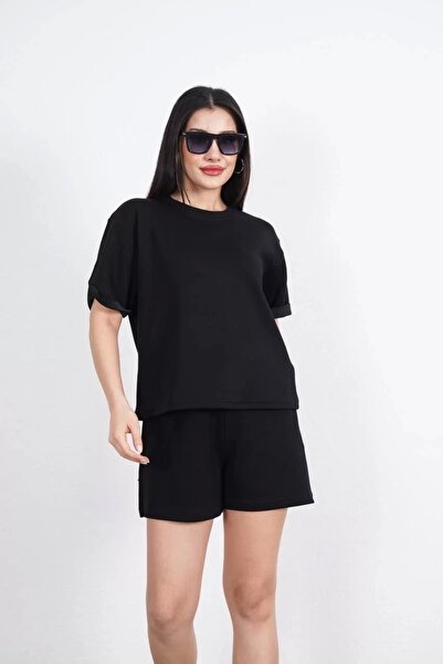 CVS Osy Modal Soft Textured Fabric Women's Crew Neck T-Shirt Short Shorts Two Piece Set - Black