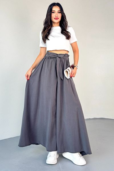 Cappmoda Pnt-07410 Smoked Woven Belted Shalwar Skirt Trousers