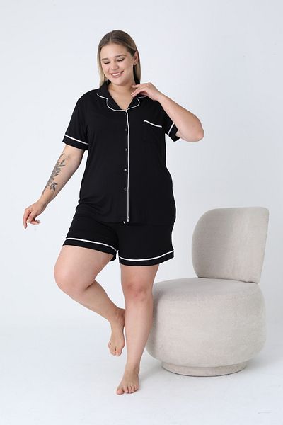 Miss Dünya Lissa Shirt Collar Front Buttoned Plus Size Shorts Knitted Fabric Pajama Set