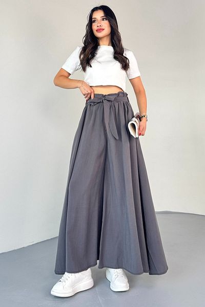 Cappmoda Pnt-07410 Smoked Woven Belted Shalwar Skirt Trousers
