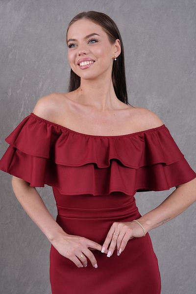 WOMAN VISION Women's Flywheel Design Strapless Neckline Burgundy Midi Pencil Dress 164