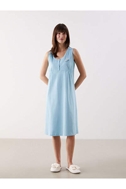 LC Waikiki Νυχτικό εγκυμοσύνης LCW DREAM Μπλε U λαιμόκοψη με κέντημα λουλουδιών