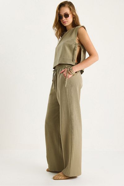Bianco Lucci Women's Padded Side Tie Blouse with Elastic Waist Loose Trousers Linen Suit 9389 60281084