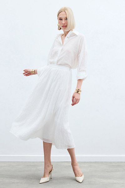 Sateen Kraşlı Flared Skirt - Ecru