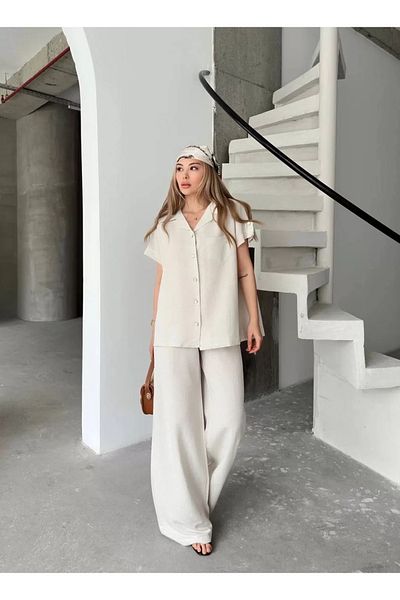 CanselButik Linen Short Sleeve Pocket Shirt Pants Double Set - White