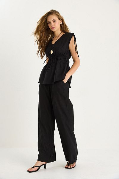 Bianco Lucci Women's V-Neck Gathered Waist Sleeve Detailed Blouse Loose Pants Suit 9345 60281081