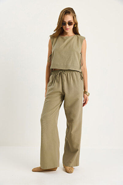 Bianco Lucci Women's Padded Side Tie Blouse with Elastic Waist Loose Trousers Linen Suit 9389 60281084