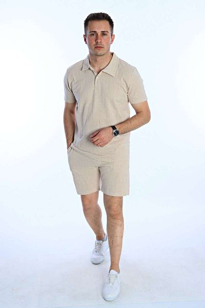 Benim Denim Collared Striped Shorts Set Cream
