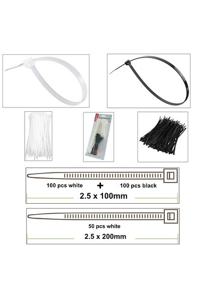 XTREME Set of 250 nylon serrated cable ties, 2.5x100mm and 2.5x200m, self-locking, collar type