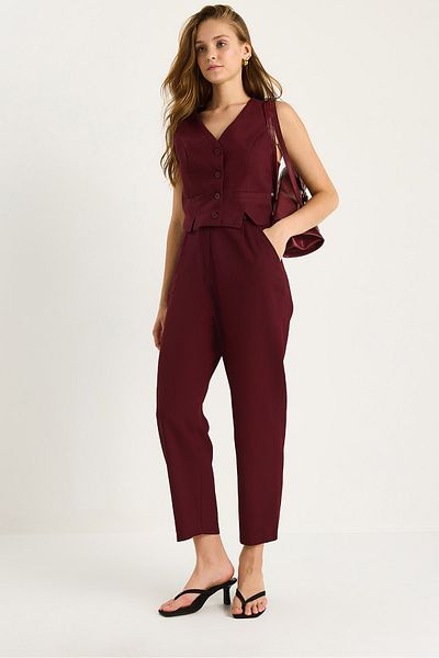 Bianco Lucci Women's Slit Detailed Vest Loose Pants Linen Bottom-Top Set 9359 60281082