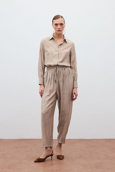 Sateen Sunken Patterned Trousers - Beige