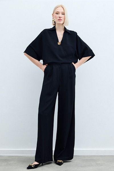 Sateen Linen Blend Trousers - Black