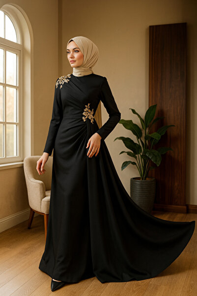 Ayşe Melek Tesettür Kuyruklu Gold Aplikli Abiye Elbise