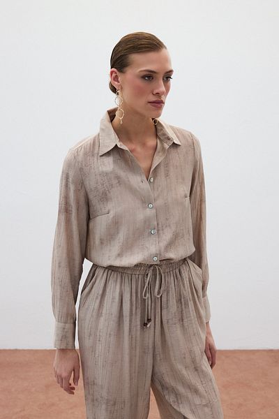 Sateen Patterned Loose Shirt - Beige