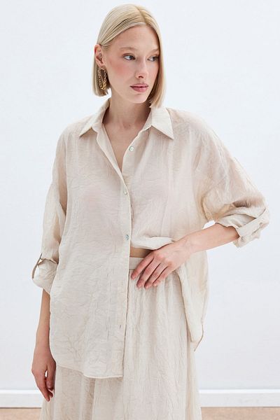 Sateen Casual Shirt with Sleeve Detail - Beige