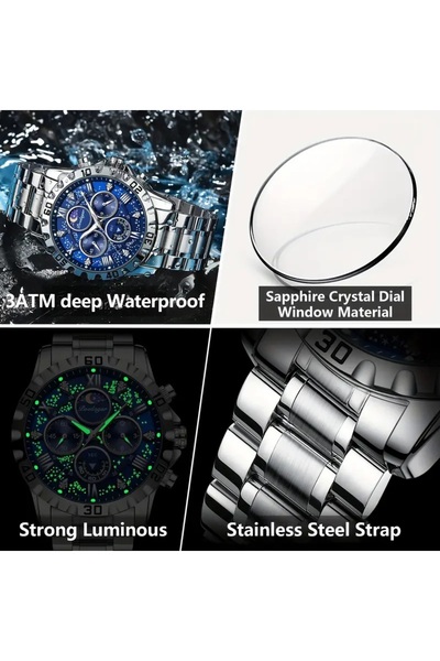 POEDAGAR ERKEK KOL SAATİ 3 KADEME ZAMAN GÖSTERGELİ PASLANMAZ ÇELİK SAFİR CAM TİTANYUM KASA