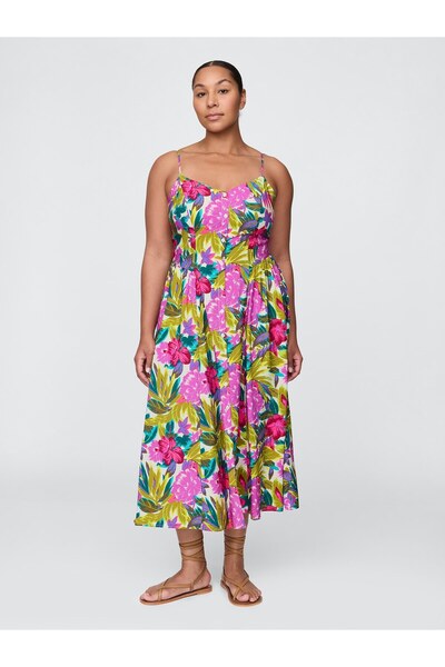 GAP Kadın Pembe Floral V-Yaka Midi Elbise