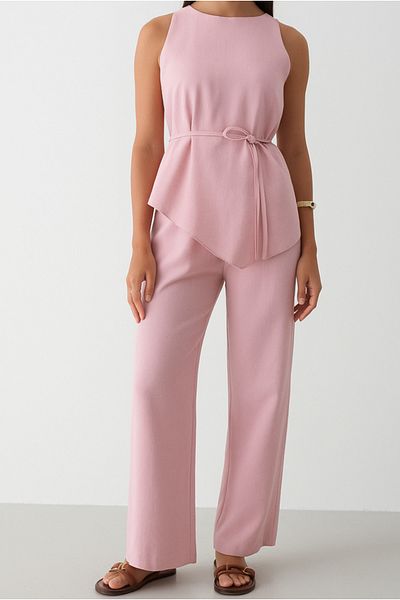 My Blog Pink Belted Asymmetrical Blouse Set - 8784