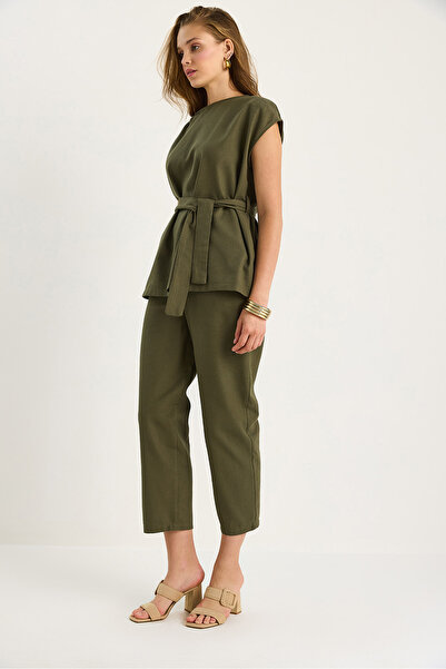 Bianco Lucci Women's Shoulder Knot Detailed Belted Linen Top-Top Set 9369 60281075