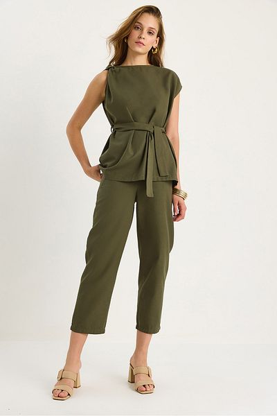 Bianco Lucci Women's Shoulder Knot Detailed Belted Linen Top-Top Set 9369 60281075