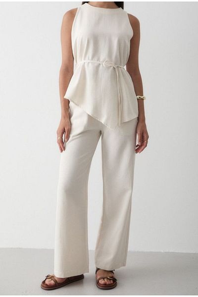 My Blog White Belted Asymmetrical Blouse Suit - 8784