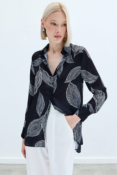 Sateen Long Back Patterned Shirt - Black
