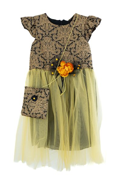 Oppland Girl's Dress 5-6-7-8 Years Old 100% Cotton Princess Model Bag Rope Belt Round Neck Lined