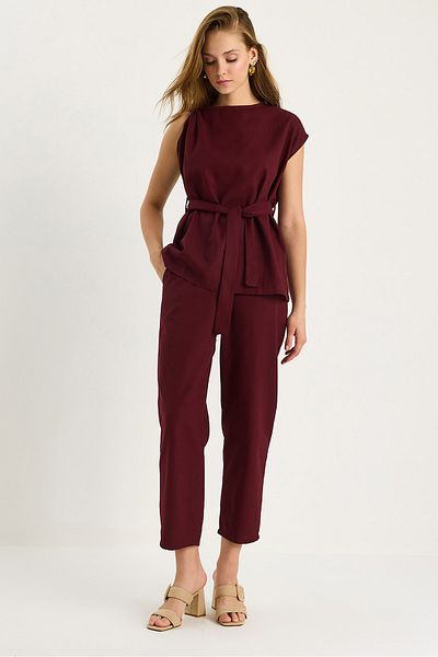 Bianco Lucci Women's Shoulder Knot Detailed Belted Linen Top-Top Set 9369 60281075