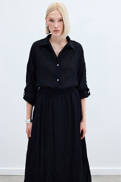 Sateen Casual Shirt with Sleeve Detail - Black