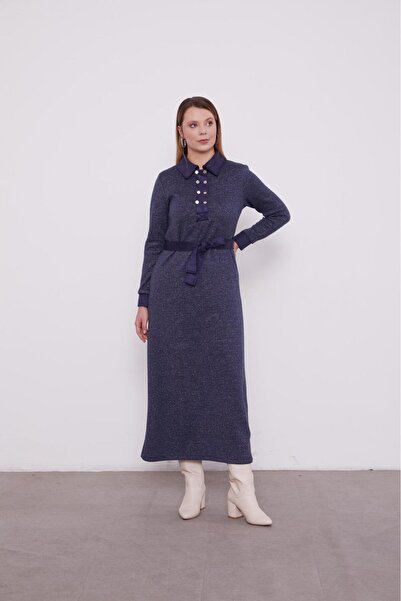 Levidor 330257 ÖNÜ GÖĞÜSE KADAR YARIM DÜĞMELİ YAKA VE KOL UCU SÜET DETAYLI KAŞMİR ELBİSE