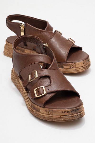 LuviShoes LEVINE Sandale de damă din piele naturală maro cu cataramă și fermoar lateral