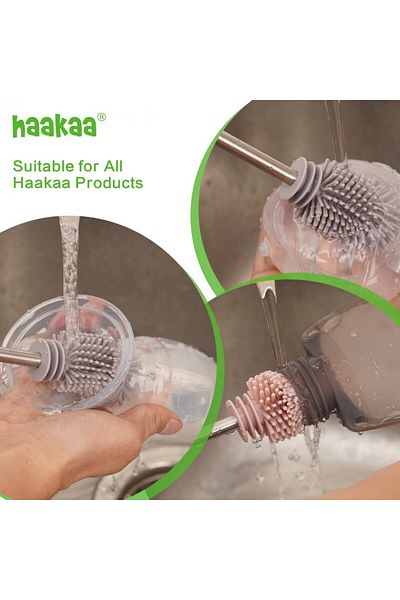 Haakaa Set of 3 Haakaa silicone bottle cleaning brushes, silver/pink