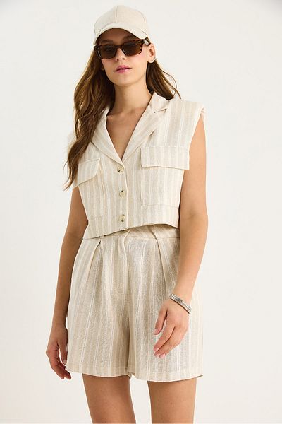 Bianco Lucci Women's Thick Striped High Waist Shorts Padded Button Crop Vest Linen Bottom-Top Set 9366 60281089