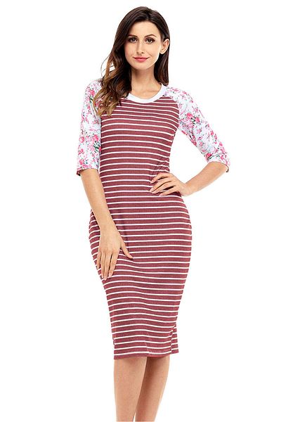 WildFashion Midi dress with horizontal stripes and three-quarter sleeves with floral pattern V681-821