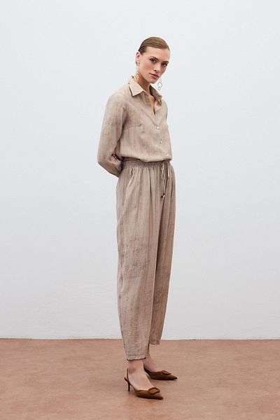 Sateen Sunken Patterned Trousers - Beige