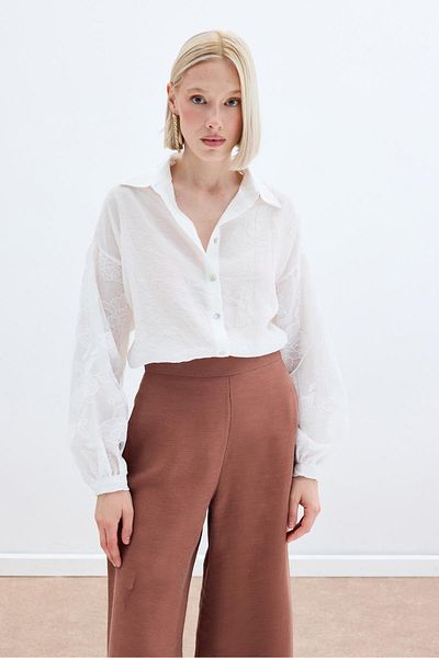 Sateen Embroidery Detailed Crashed Shirt - Ecru