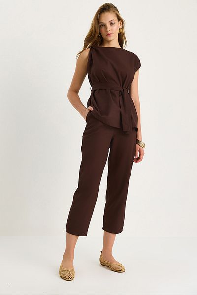 Bianco Lucci Women's Shoulder Knot Detailed Belted Linen Top-Top Set 9369 60281075