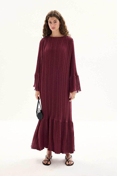 Hooopstore Pilise Detaylı Rahat Form Bordo Elbise