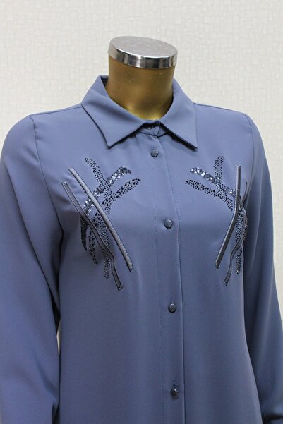 PERFECT 1547 ÖNDEN DÜĞMELİ GÖĞSÜ TAŞ İŞLEMELİ UZUN TUNİK QYS TUNİK #24-03#