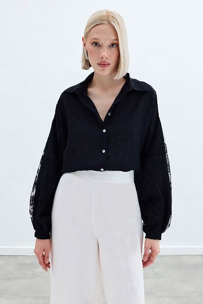 Sateen Embroidery Detailed Crashed Shirt - Black