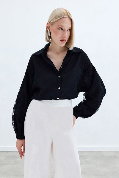 Sateen Embroidery Detailed Crashed Shirt - Black