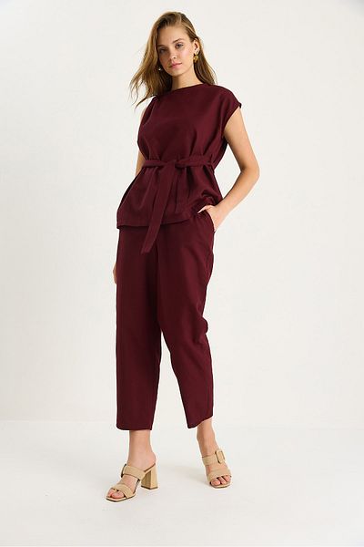 Bianco Lucci Women's Shoulder Knot Detailed Belted Linen Top-Top Set 9369 60281075