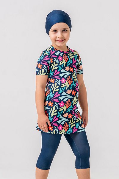 MARESİVA Girls Short Sleeve Lycra Semi-Closed Swimsuit with Tights 2905 Dark Navy Blue