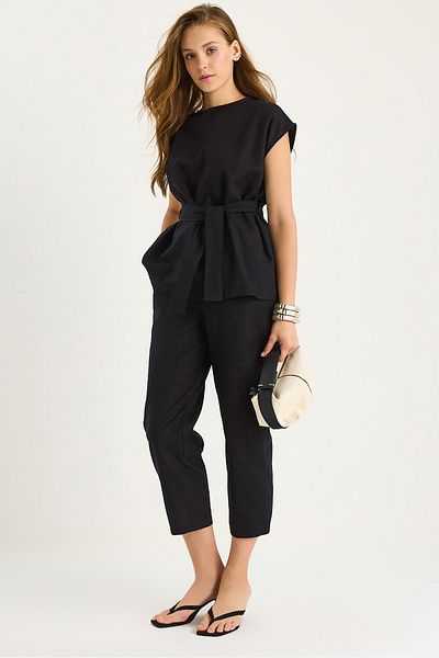 Bianco Lucci Women's Shoulder Knot Detailed Belted Linen Top-Top Set 9369 60281075