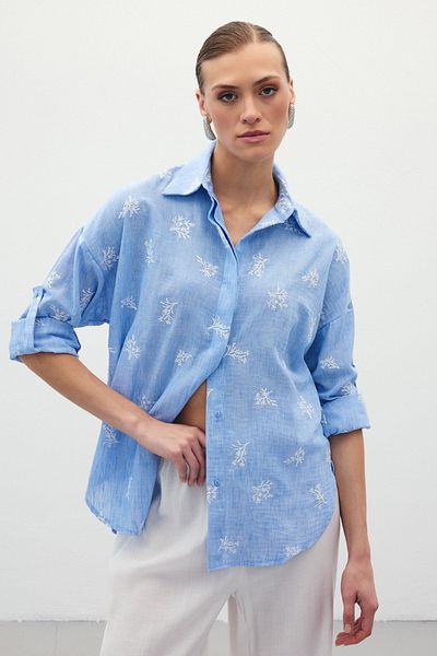 Sateen Casual Embroidered Shirt - Baby Blue